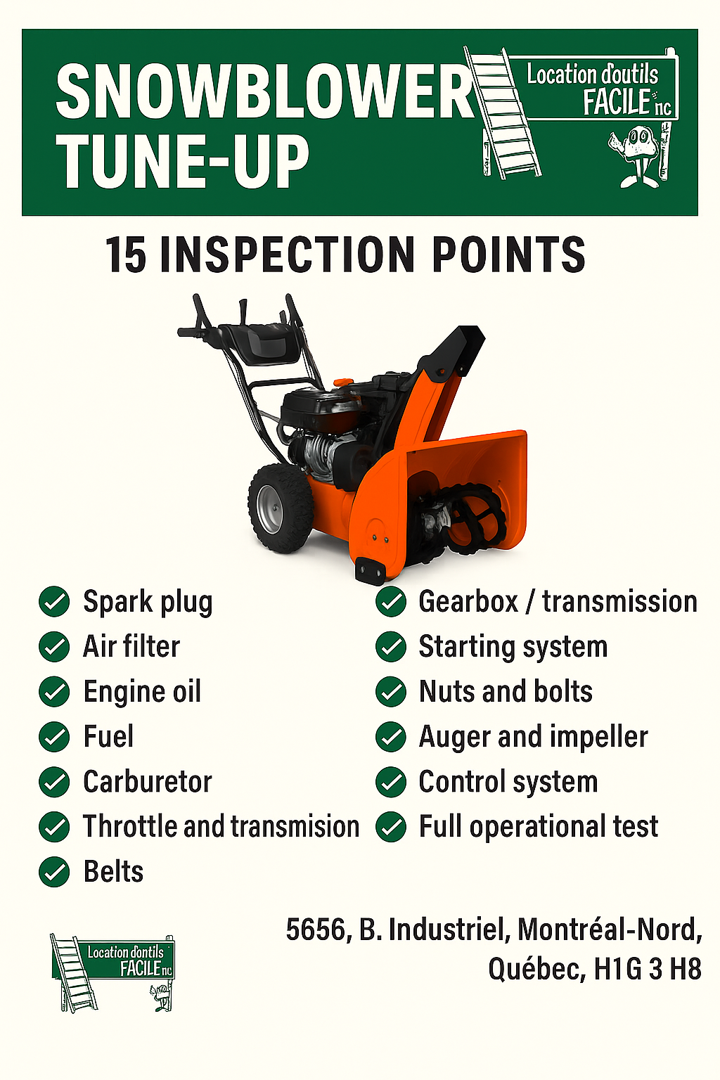 Snowblower tune-up inspection checklist